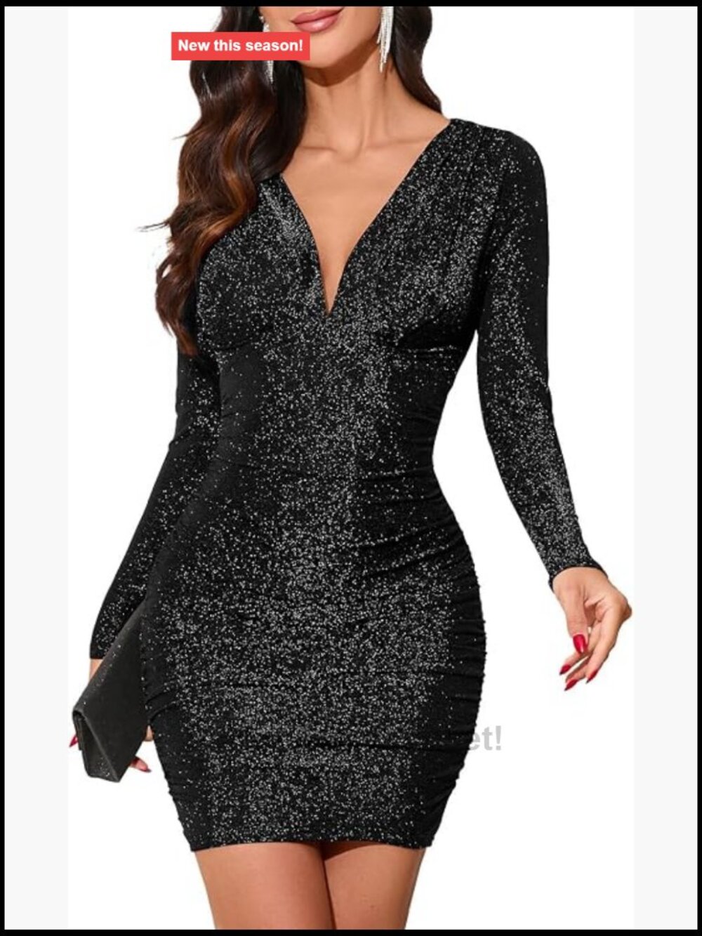 Women's Sparkly Deep V Neck Long Sleeve Ruched Bodycon Cocktail Party Club